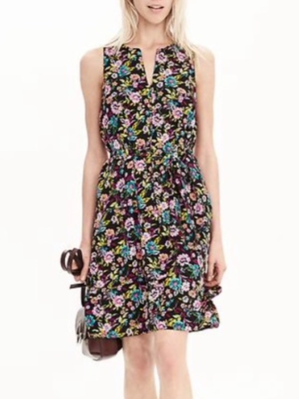 Banana Republic Black Floral Sleeveless Tie-Waist Dress Size XL Garden Party